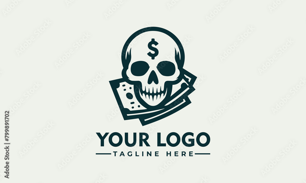 Money monochrome vintage label with roll of dollar bills skull in baseball cap and skeleton hand with bracelet and ring holding one hundred US dollar banknotes isolated vector illustration