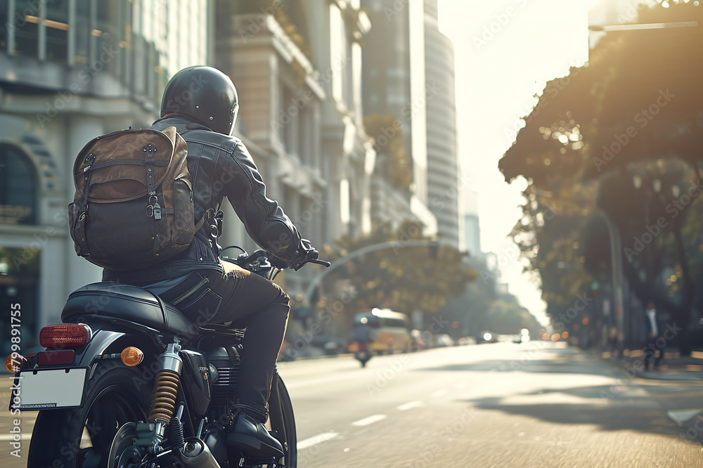 Motorcycle, travel and journey with man in city for freedom, driving and vintage.