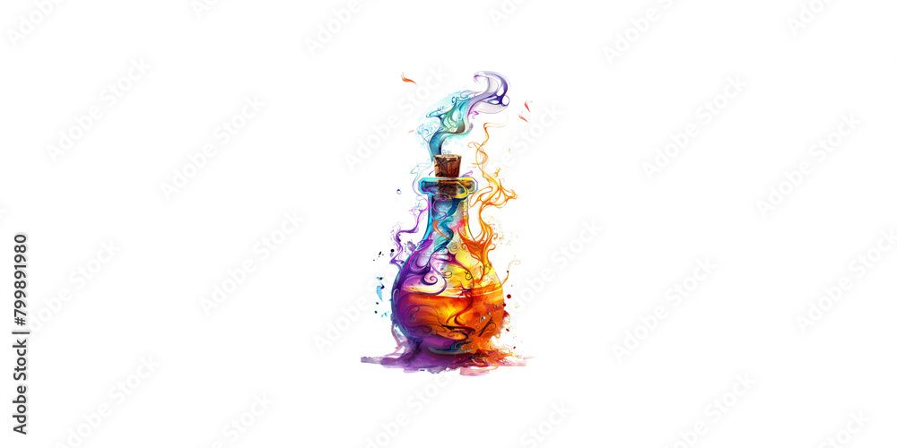 
alchemist flask, smoke rising from it, colorful ink splashes around the bottle on a white background