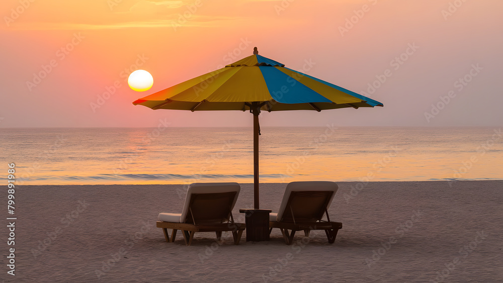 Tranquil Beach Sunset with Colorful Umbrella and Lounge Chairs
