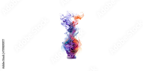 
alchemist flask, smoke rising from it, colorful ink splashes around the bottle on a white background