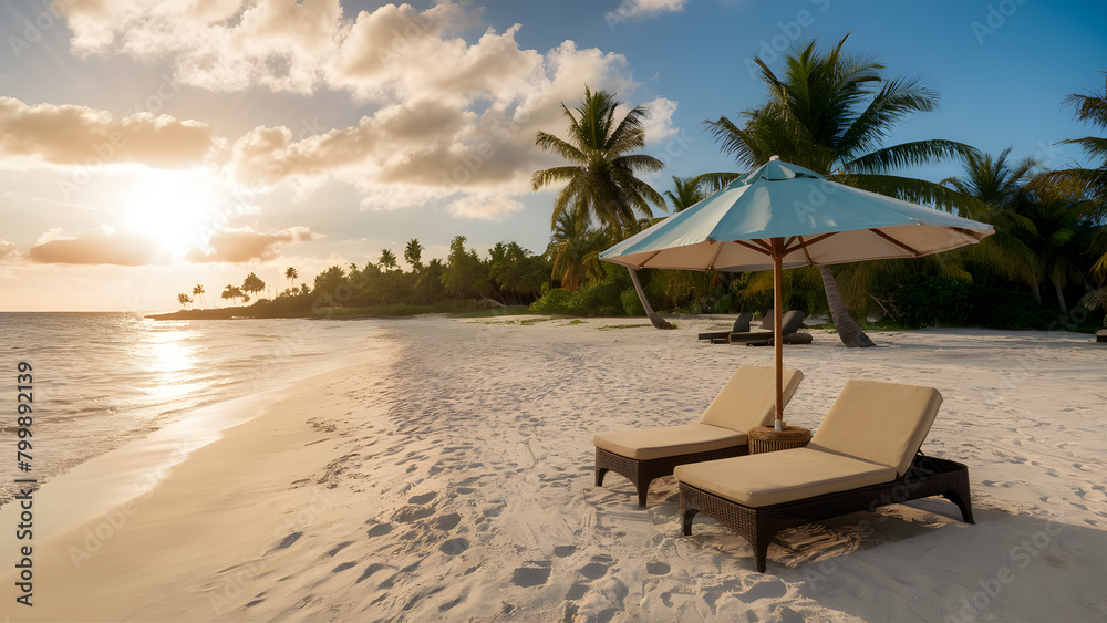 Tranquil Beach Sunset with Colorful Umbrella and Lounge Chairs