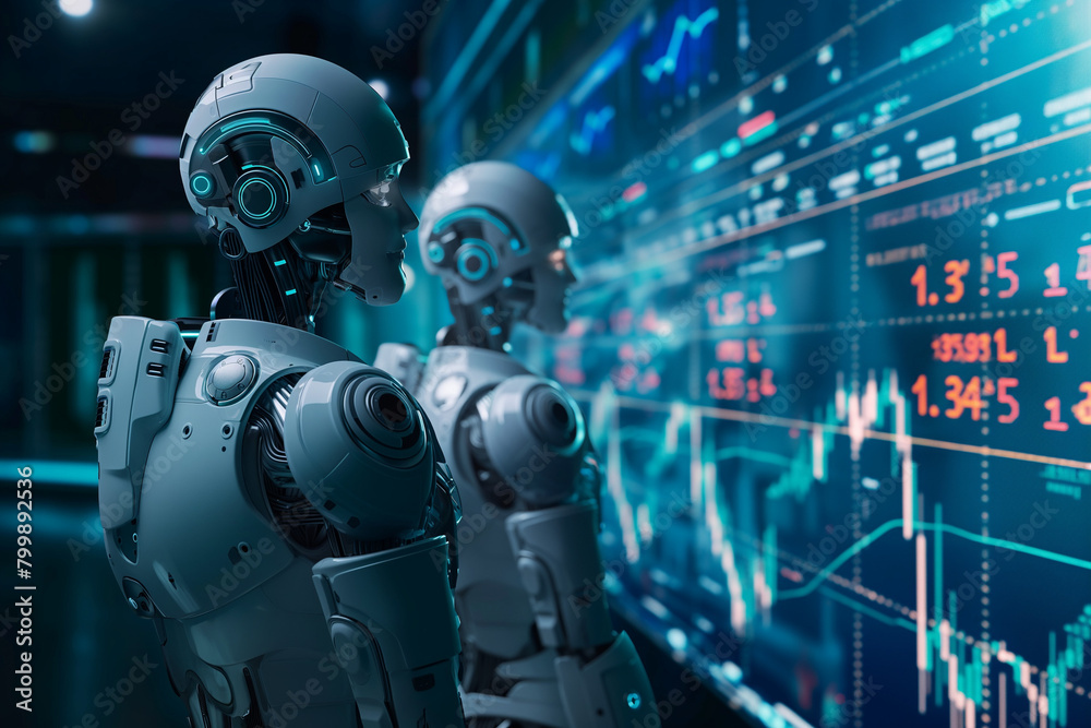 Fototapeta premium Futuristic technology concept. Team of artificial intelligence finance robots in financial stock market that is digitalized with graphics into digital twin of finance Industry