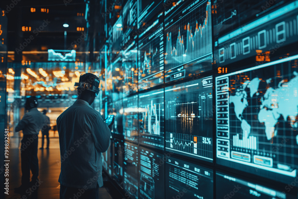 Futuristic technology concept. Team of artificial intelligence software engineers and finance workers in financial stock market that is digitalized with graphics into digital twin of finance Industry Futuristic technology concept. Team of artificial intelligence software engineers and finance workers in financial stock market that is digitalized with graphics into digital twin of finance Industry