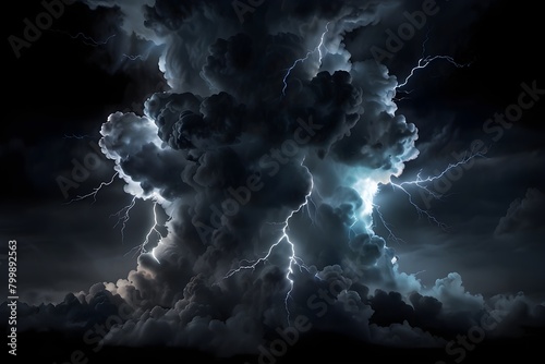 Black storm clouds with lightnings and smoke isolated on black background. photo