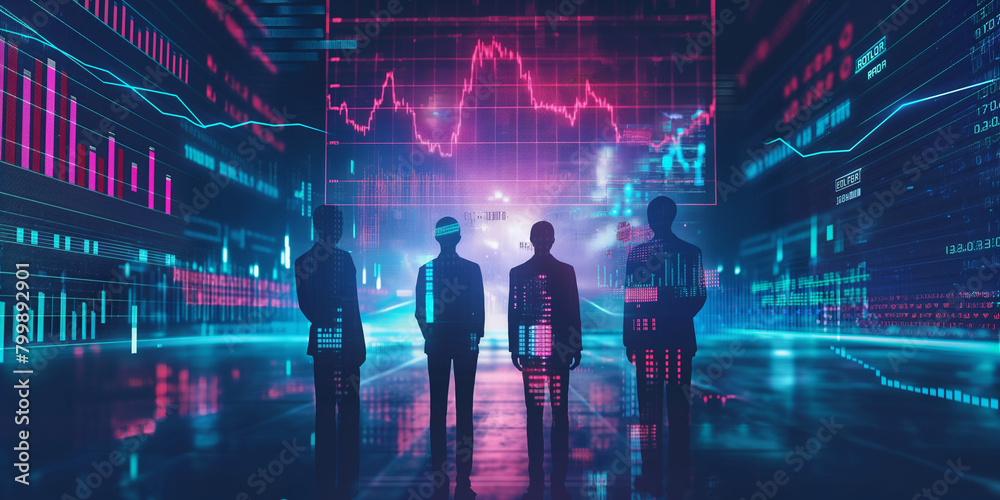 Futuristic technology concept. Team of artificial intelligence software engineers and finance workers in financial stock market that is digitalized with graphics into digital twin of finance Industry Futuristic technology concept. Team of artificial intelligence software engineers and finance workers in financial stock market that is digitalized with graphics into digital twin of finance Industry