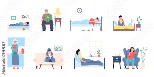 Sick and recovery people. Person ill at home, sleeping on sofa and sitting in armchair. Adult has influenza, infection or cold, recent vector set