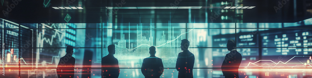 Futuristic technology concept. Team of artificial intelligence software engineers and finance workers in financial stock market that is digitalized with graphics into digital twin of finance Industry Futuristic technology concept. Team of artificial intelligence software engineers and finance workers in financial stock market that is digitalized with graphics into digital twin of finance Industry