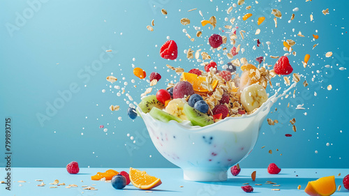 Energetic yogurt and fruit muesli in a bowl set against a vibrant blue background. Ai generated