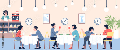 Speed dating. Single people in cafe or bar have first dates on time. Man and woman meeting in restaurant, friendship and relationship, recent vector scene