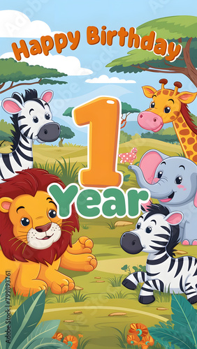 Happy 1st Birthday Greeting with Cheerful Safari Animals