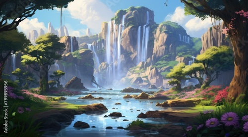 Waterfall Sanctuary. Mystical Waterfall Oasis in Lush Greenery photo