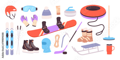 Winter sport equipment. Seasonal outdoor activities tools and clothes. Isolated ski, snowboard and hockey skates. Helmet and gloves, racy vector set