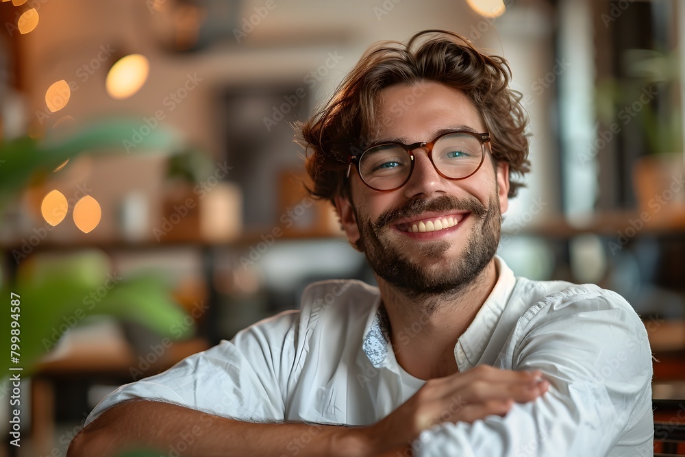 Delighted Businessman Radiates Contentment in Workplace Environment Delighted Businessman Radiates Contentment in Workplace Environment