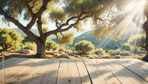 Hintergrund Holz Fläche für Produkte Terasse Steg Vorlage Untergrund mit Olivenbaum Pflanzen Sonne Strahlen Schein Licht Reflektion ruhig sommerlich sommer umwelt- garten- mediterrane Landschaft Meer photo