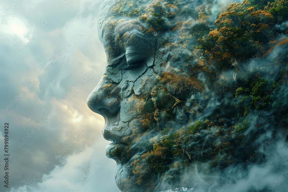 A beautiful woman's face made of stone and covered in plants and moss.