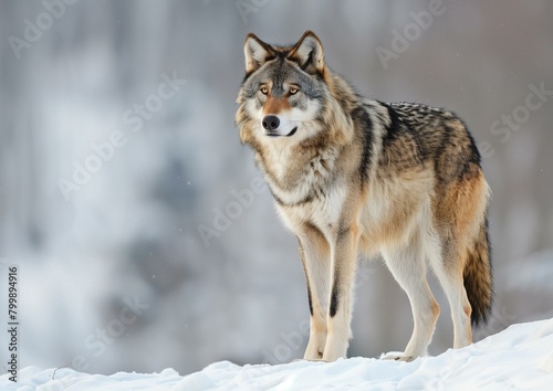 Majestic Gray Wolf Standing in Snowy Forest Landscape © Qstock