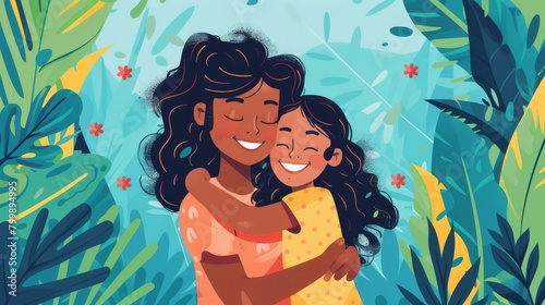 Mom Hugs Daughter in Cute Illustration, Happy Mothers Day