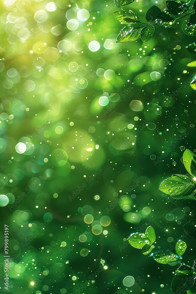 Green abstract background with blurred bokeh circles The atmosphere of spring and air magic