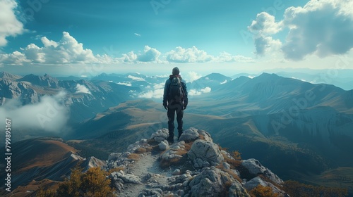 A man stands on a mountaintop, looking out at the view.