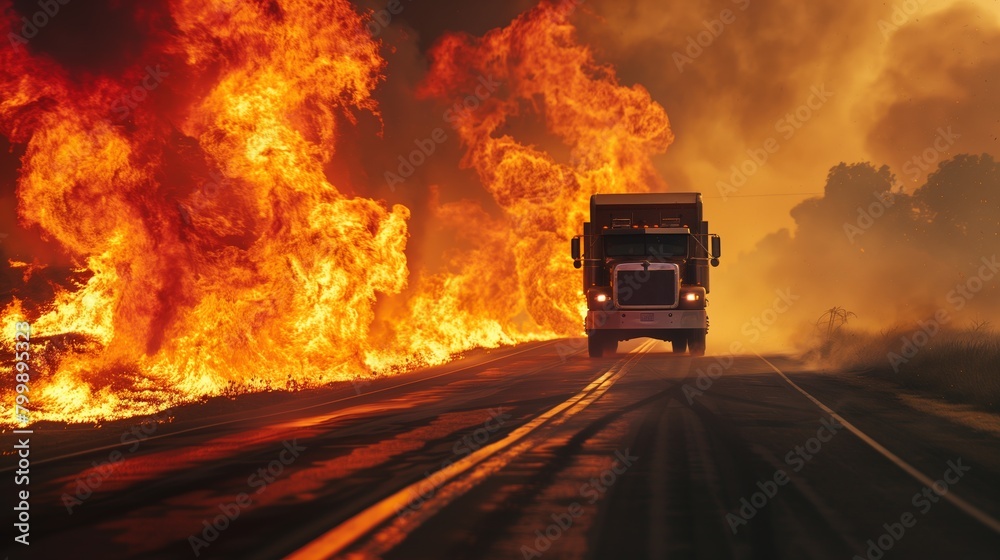 A truck drives through a raging forest fire.