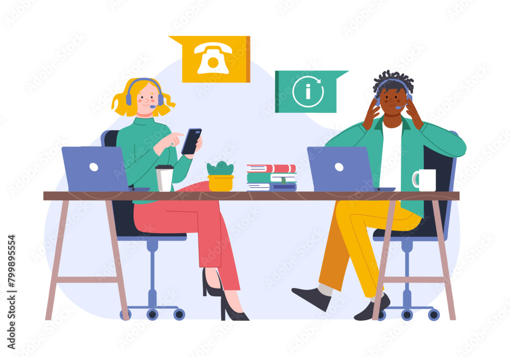 Call center operators. Multicultural office workers, man and woman with headset support customers in smartphone or computer, splendid vector scene