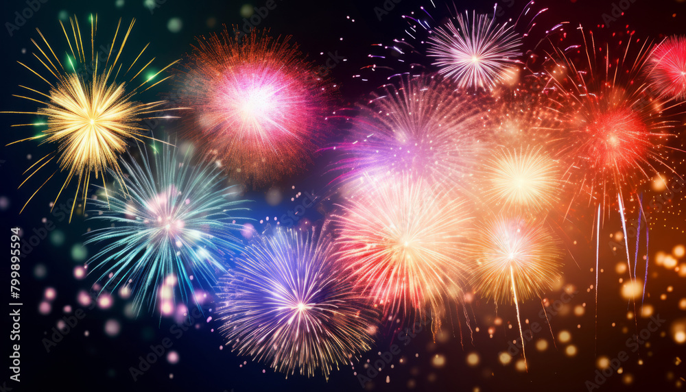 Fototapeta premium Colorful firework with bokeh background. New Year celebration, Abstract holiday background
