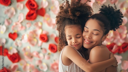 Mother with Daughter Hugging Against Flower Heart Background photo