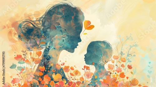 Mother's Day Poster Illustration with Nurturing Figure and Child, Pastel Background, Happy Mothers Day