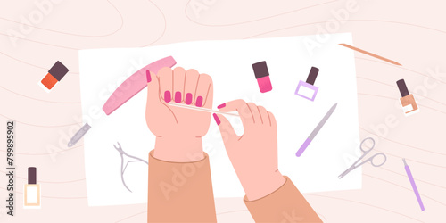 Homemade manicure. Girl filed nails with nail file, stylish pink nails design. Beauty salon at home, spa procedures, vector fashion scene
