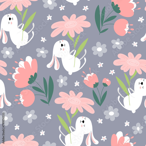 Bunny seamless pattern with flowers