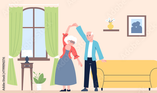 Old people dancing. Elderly couple have fun and dance at home. Active lifestyle of seniors, love and romantic. Spend time in family, recent vector scene