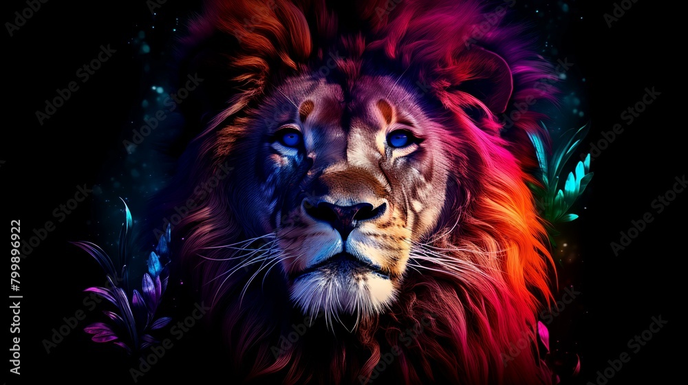 Lion head with bright colorful feathers on black background. Fantasy illustration.