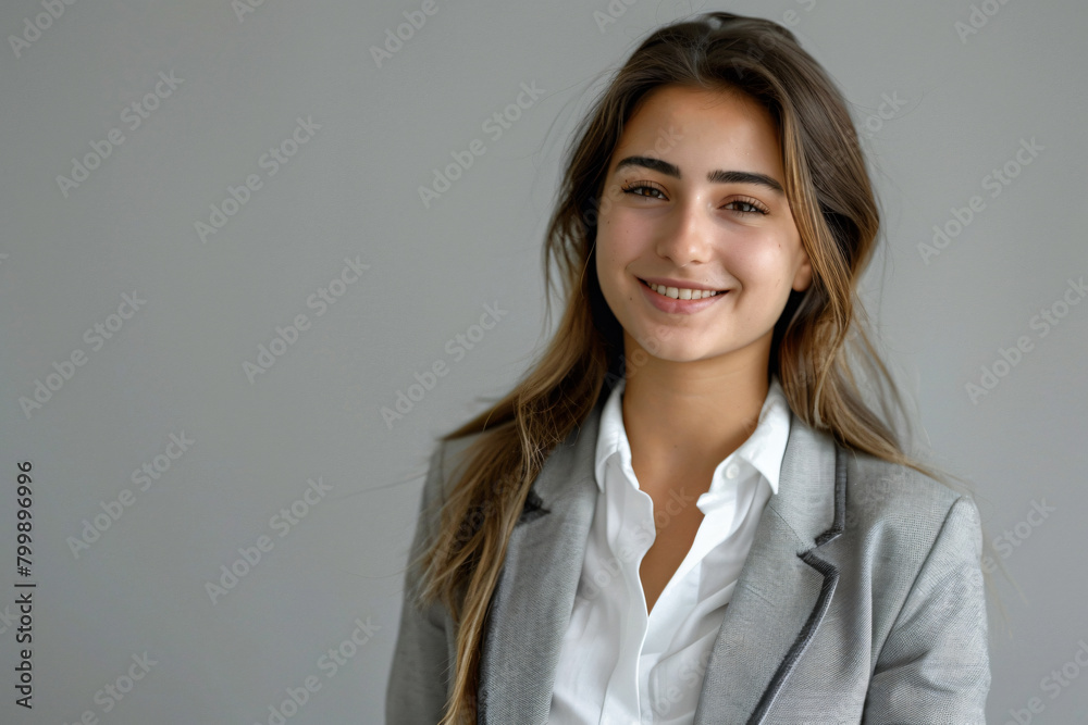 Portrait of business woman in grey jacket and white shirt standing over isolated background with copy space