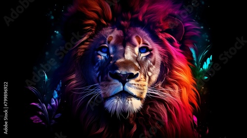 Lion head with bright colorful feathers on black background. Fantasy illustration.