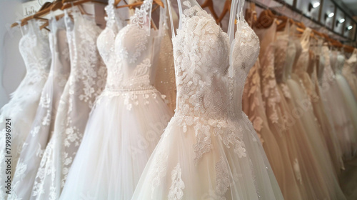 Luxurious bridal dresses displayed in an upscale boutique, capturing the dream of every prospective bride