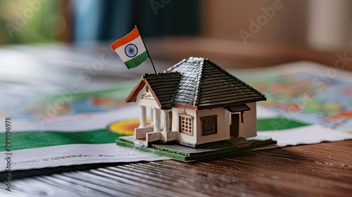 Searching for new house for purchase. Rental housing market. Magnifying glass near a residential building india independence day.
