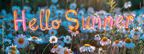 Word Hello Summer on blurred chamomile field background with lights. Tourist season, relax, travel, vacation  concept.