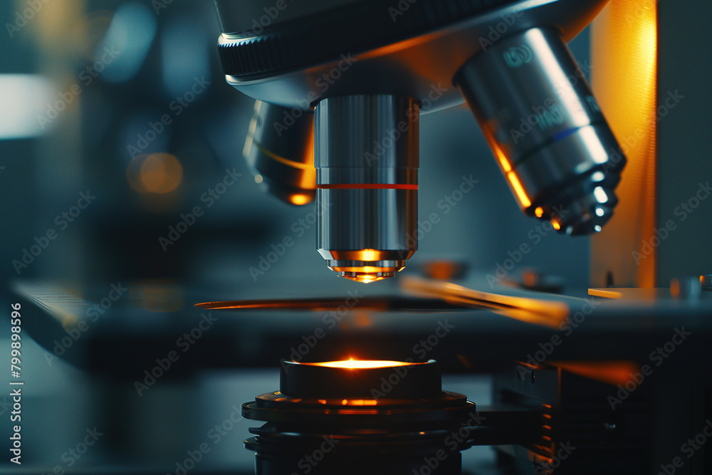 Close-up view of a microscope in a laboratory setting. Close-up view of a microscope in a laboratory setting.