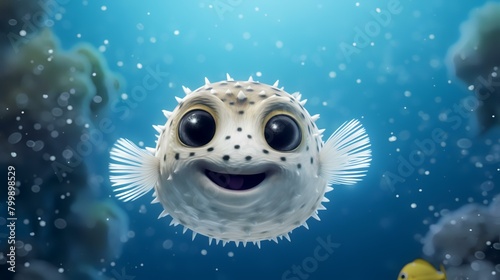 3D illustration of a cute pufferfish in the ocean. photo