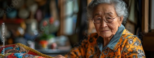 portrait of old asian woman with grey hair on blurred background. banner © Анна Мартьянова