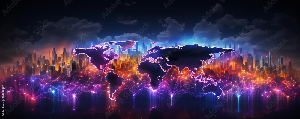 A glowing world map made of neon lights. The map is centered on the United States. The background is a dark blue night sky with a few clouds. Global digital network, international network concept.