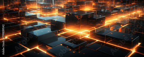 Abstract professional background futuristic digital matrix of levitating blocks with sharp orange glows for tech. Ensuring no imperfections, highly detailed surfaces, and crisp visual quality.