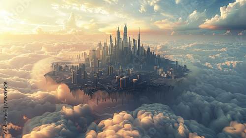 a floating cityscape above the clouds, powered by advanced anti-gravity technology, depicts a futuristic urban living vision. photo