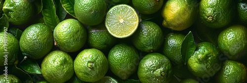 A Pile of Fresh Green Lemons Ready to be Squeezed, Fresh Ripe Green Limes Background Whole Lemons Lie Wet Washed Fruits 