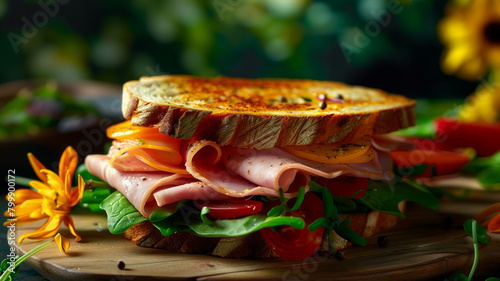 Gordon Ramsay's signature sandwich creation, featuring succulent ham and vibrant, fresh vegetables. Ai generated photo