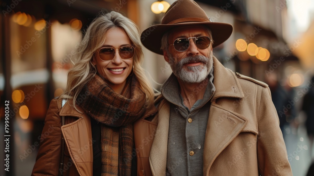 A fashionable senior couple walking hand in hand, showcasing their chic and timeless style on the bustling streets of the city.