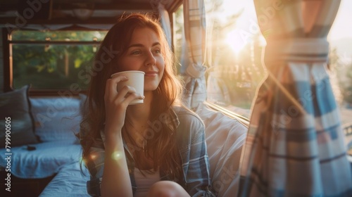 woman drinking coffee Morning routine. Small house. First feature. Interior design of a small apartment. Simplicity Moved into living alone, house, car. photo