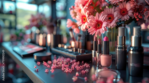 A vanity filled with makeup products and a mirror, ideal for beauty and fashion concepts
