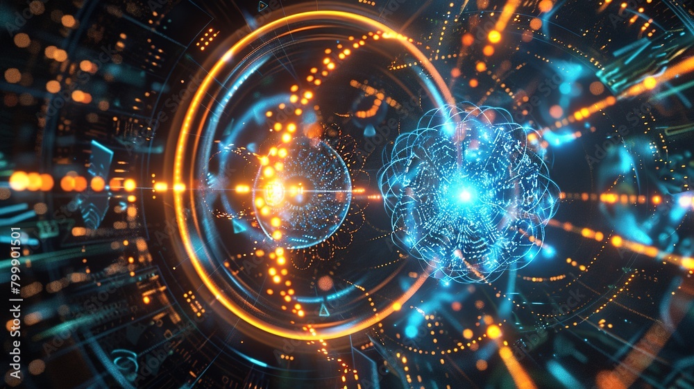 Obraz premium High tech server visualization, displaying particle data streams, circular computing interfaces, and virtual reality environments